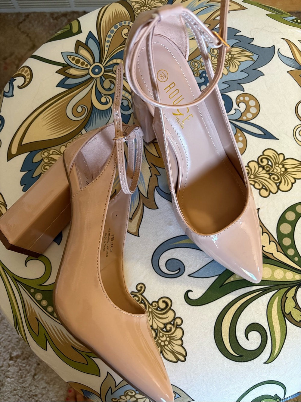 Rouge Helium Blush Patent Block Heel Pumps with Ankle Strap